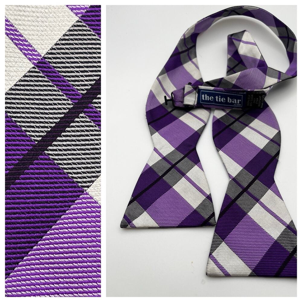 The Tie Bar Purple plaid Adjustable Self Bow Tie Silk W: 2.5"